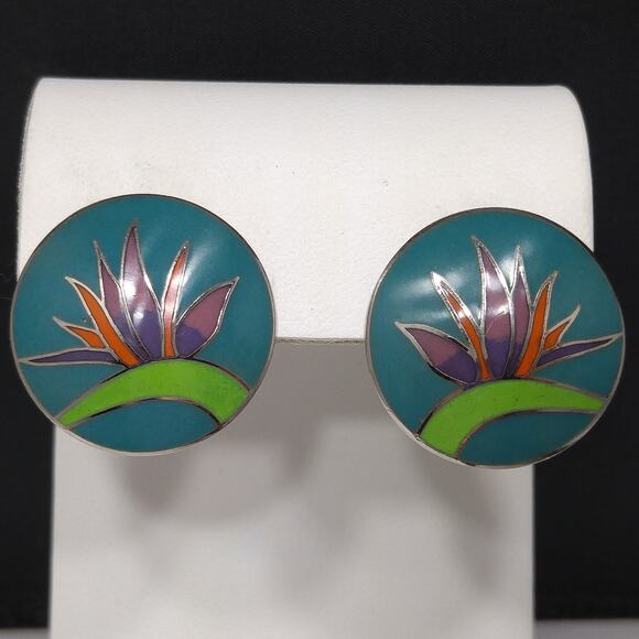 Vintage Laurel Burch Bird of Paradise Post Earrings, Silver Tone Cloisonné - Picture 5 of 10